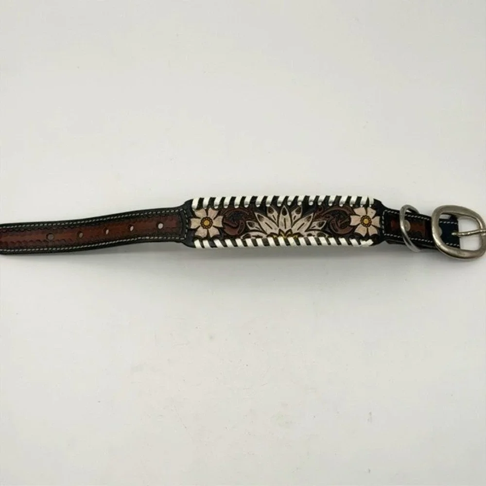 Myra Bag Oxy Daisy Hand Tooled Leather Dog Collar Floral Whipstitch Brown Large
